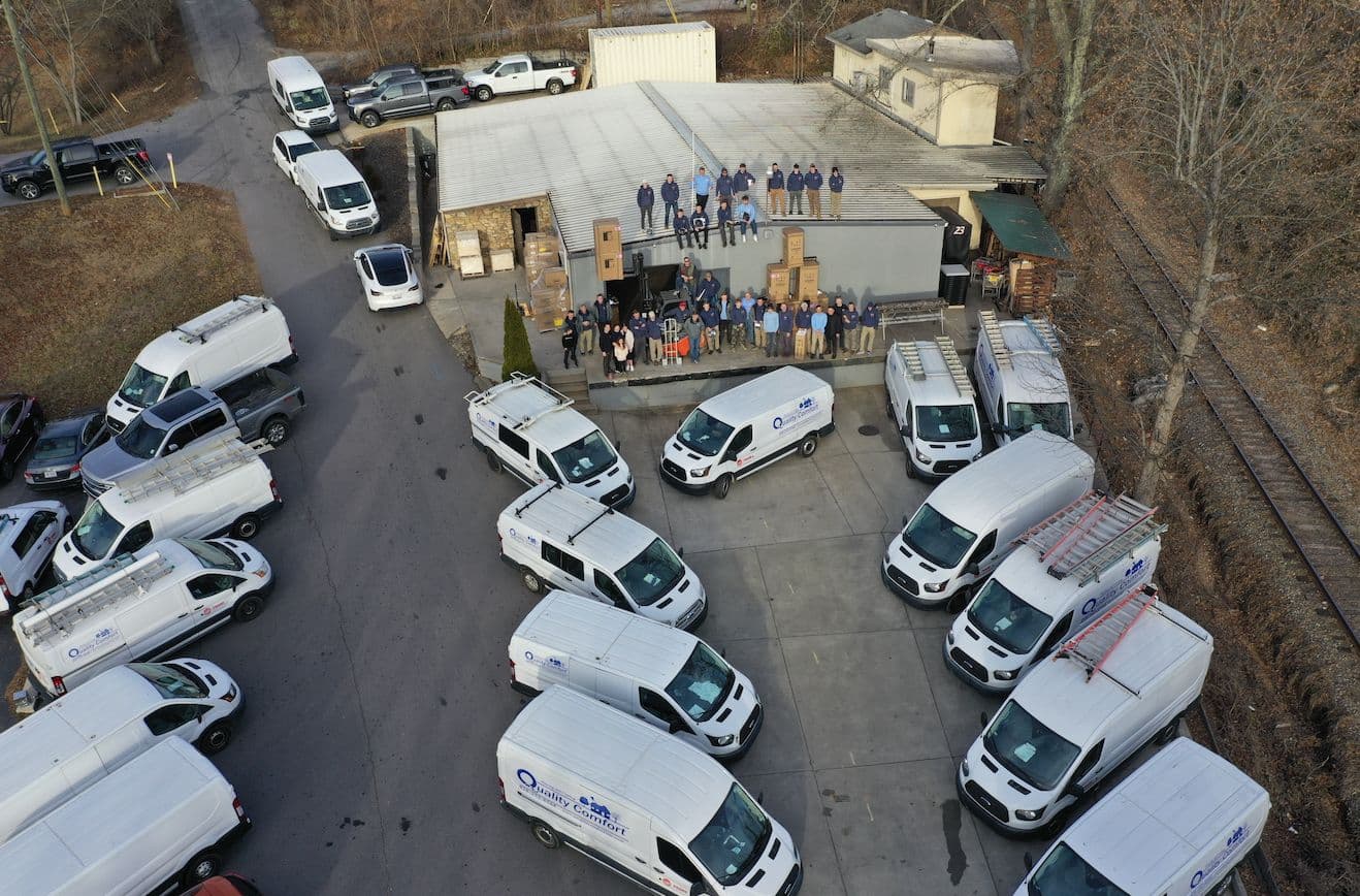 Aerial view of Quality Mechanical fleet and 35+ team members at headquarters